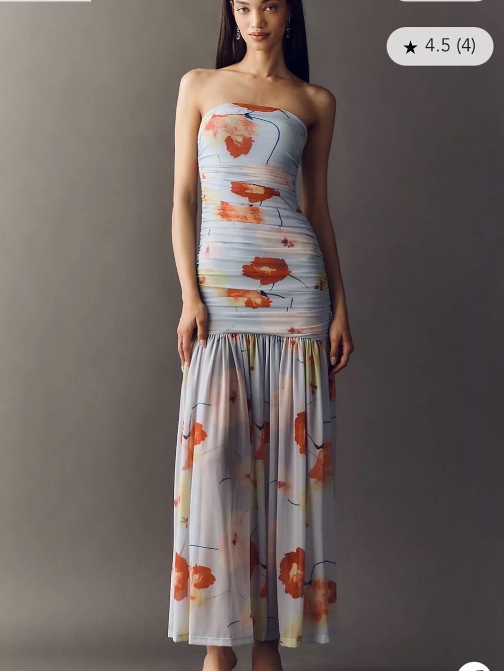 Bardot Anthropologie Strapless Blue Floral Ruched Maxi Dress